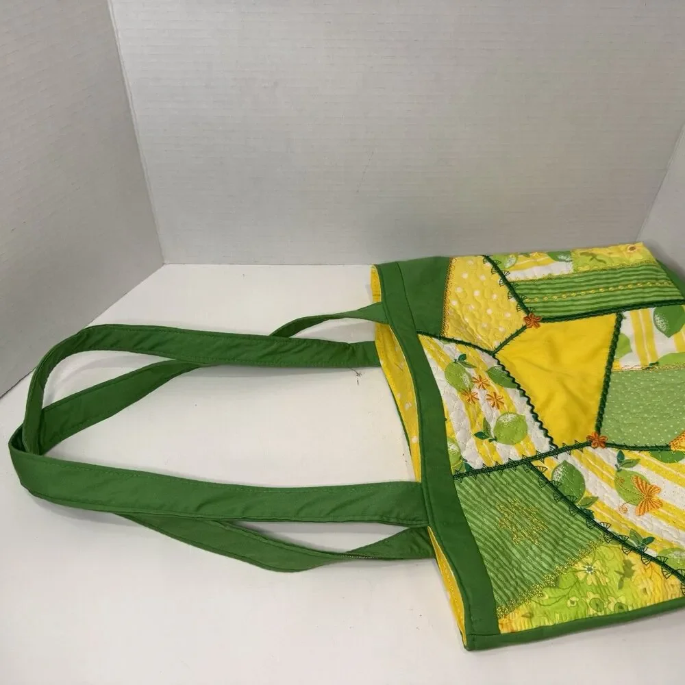 Handmade Quilted Lemon Patchwork Tote Bag Cottagecore Farmer Market Shoulder Bag